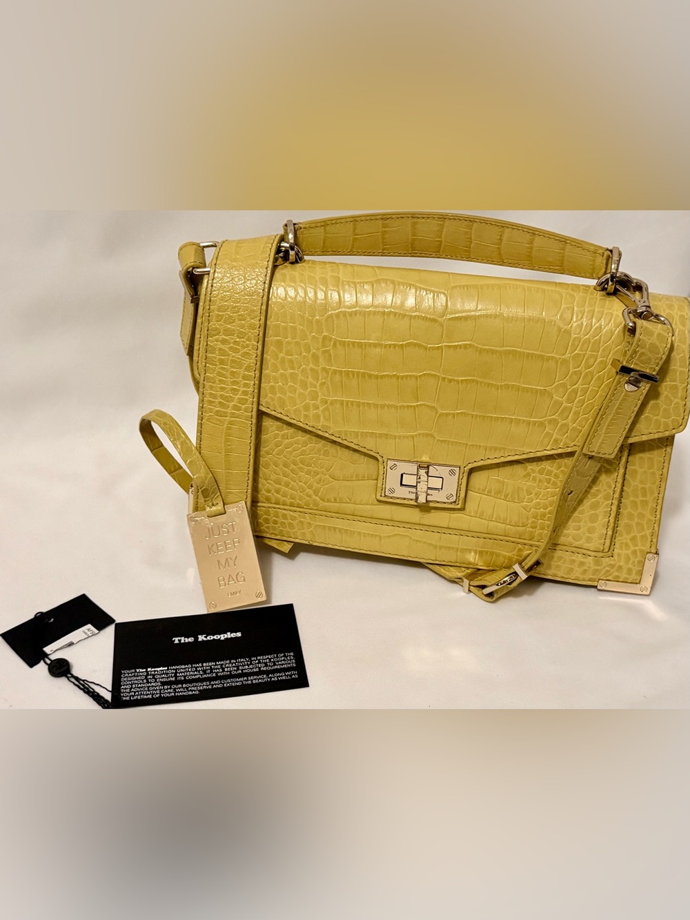The Kooples Emily Medium Croc Embossed Leather Crossbody Top Handle Bag Yellow